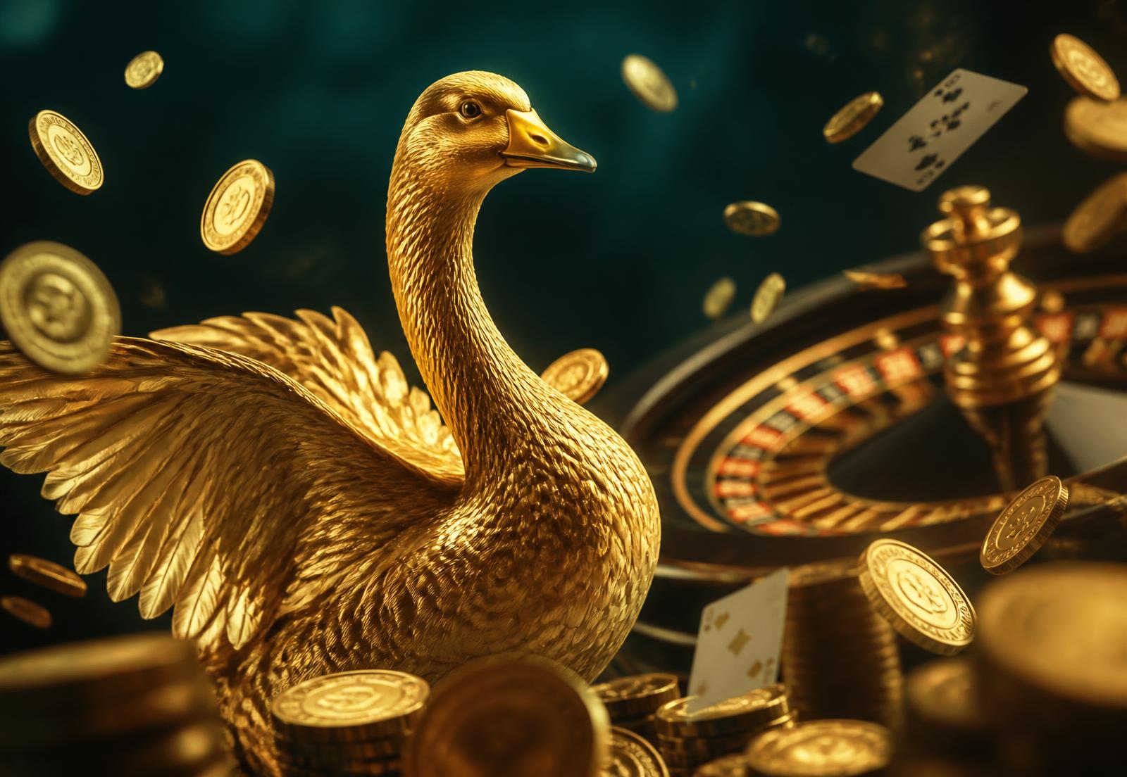 Gouden gans tussen speelkaarten, munten en een roulettewiel