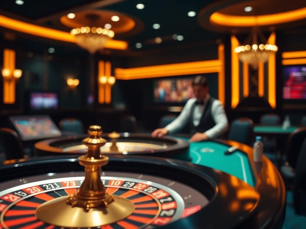 Live casinotafel met roulettewiel en dealer op de achtergrond